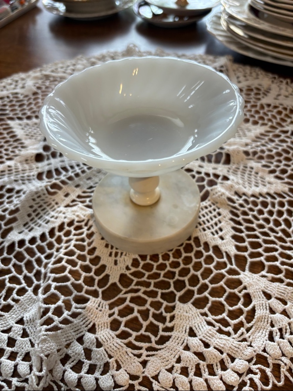 Milk glass and marble pedestal dish